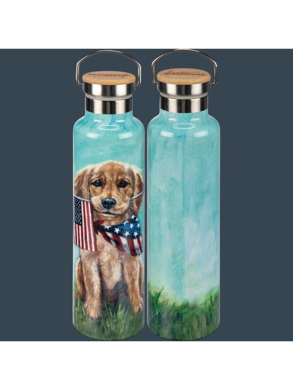 Patriotic Dog Stainless Steel Water Bottle 25 Oz Bamboo Lid Americas Birthday